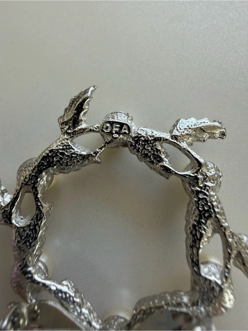 Vintage DFA Dubarry Fifth Avenue Leaf and Faux Pearl Wreath Brooch Silver Tone